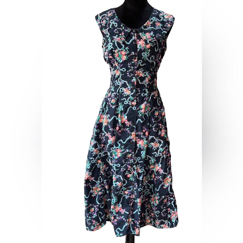 Vintage corset button down‎ Black watercolor Floral Dress